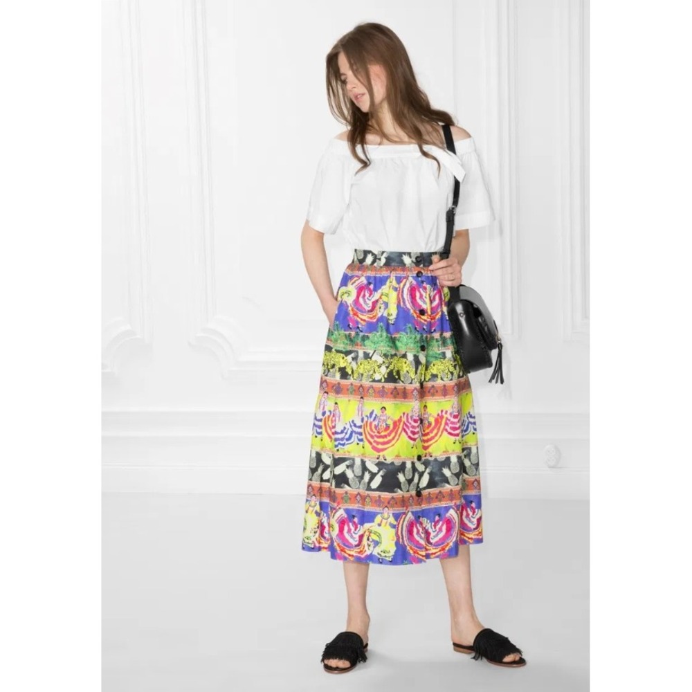 & Other Stories Summer Fiesta Flared Skirt Button Front Midi Skirt Tribal 6